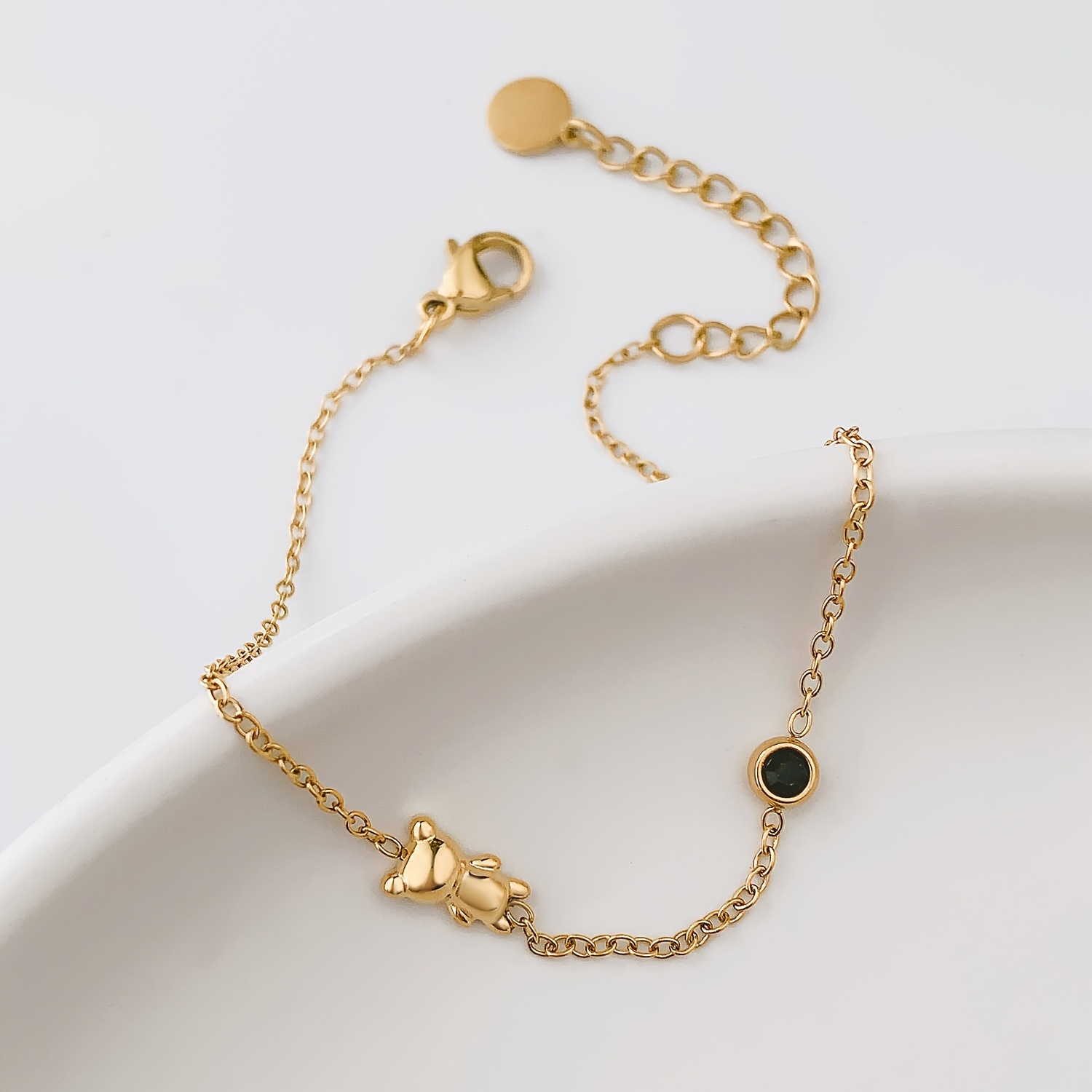 Women's French-Style Bear Charm Bracelet with Black Stone Pendant